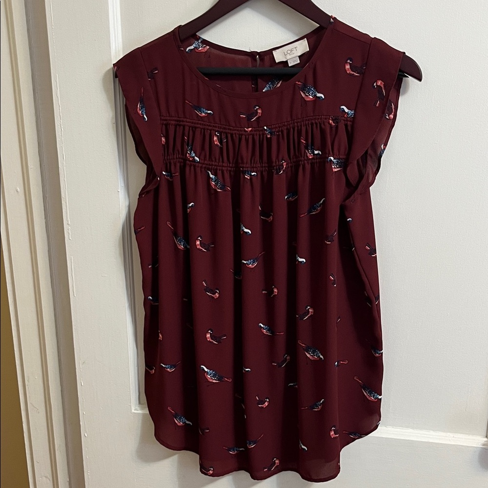 LOFT Maroon Bird-Print Cap-Sleeve Blouse